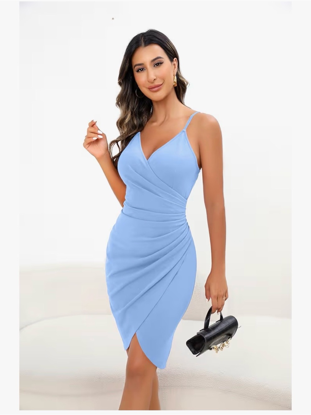 Sky Blue Ruched Wrap Mini Dress with Spaghetti Straps